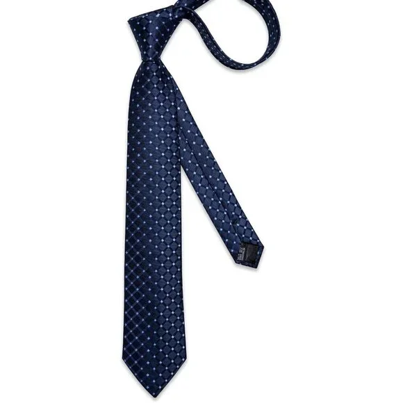 🆕Men Blue Plaid Silk Checkered Necktie Pocket Square Cufflinks Tie Clip Set